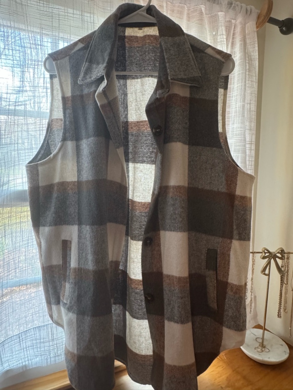 Plaid Wool Blend Sleeveless Coat - Brown & Gray